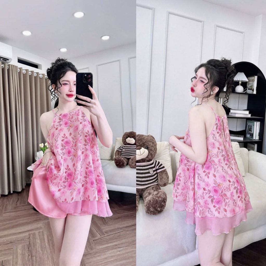 Đồ Ngủ Nữ Bigsize Yếm Miky, Đồ Ngủ Sexy Lụa Chiffon Phối Latin Cao Cấp Mềm Mại Xinh Xắn yếm 2 lớp 1 <70KG | BigBuy360 - bigbuy360.vn