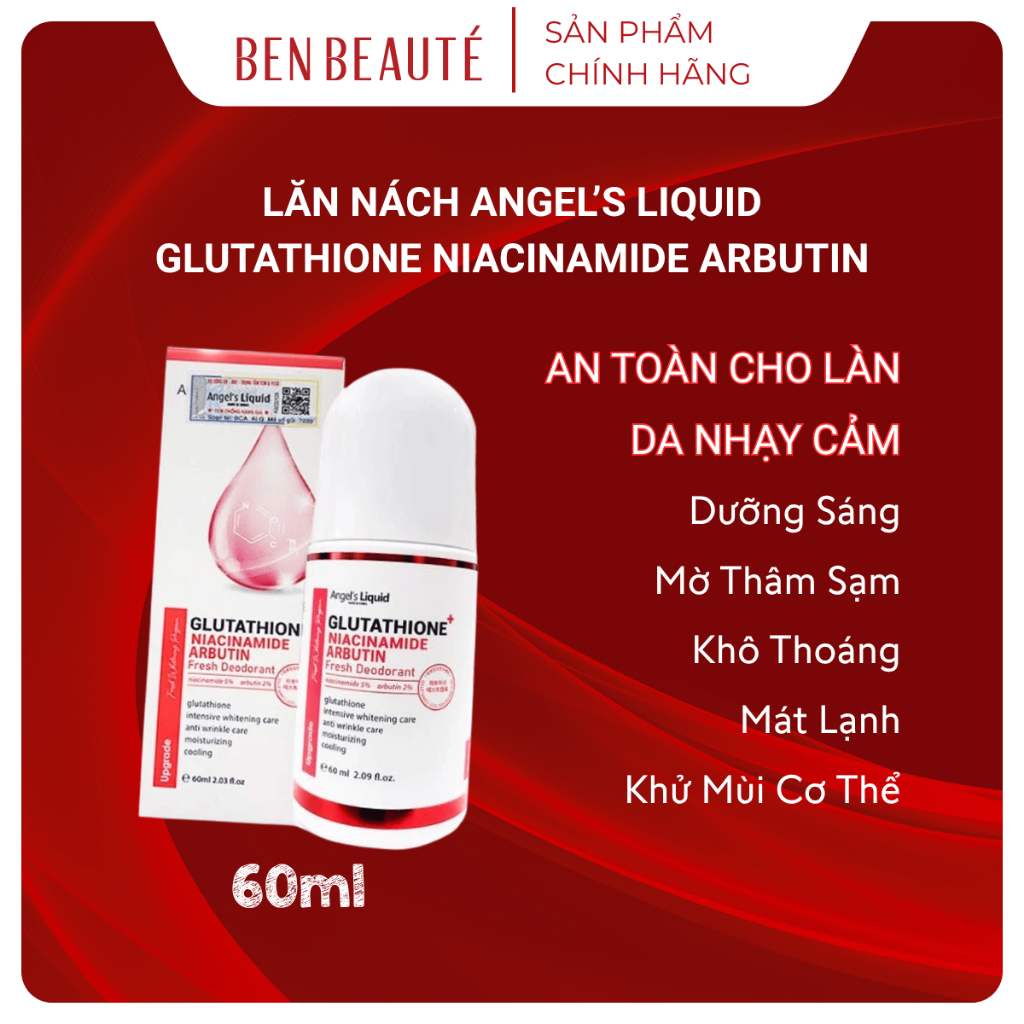 Lăn Nách Angel's Liquid Glutathione Niacinamide Arbutin Dưỡng Sáng Tối Ưu 60ml
