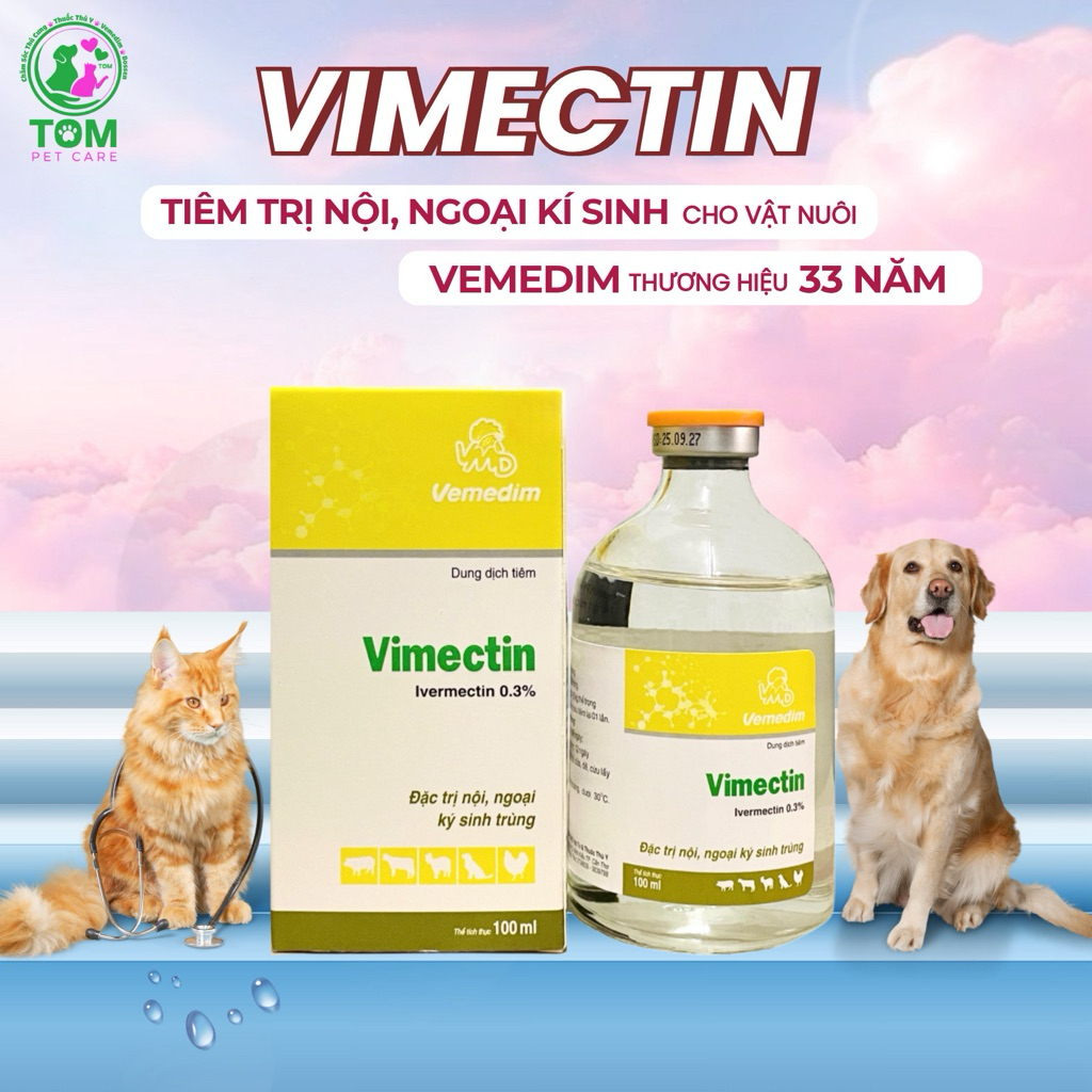 VIMECTIN Vemedim tiêm trị nội ngoại kí sinh ở vật nuôi (ve rận, ghẻ, giun sán) sử dụng định kì phòng