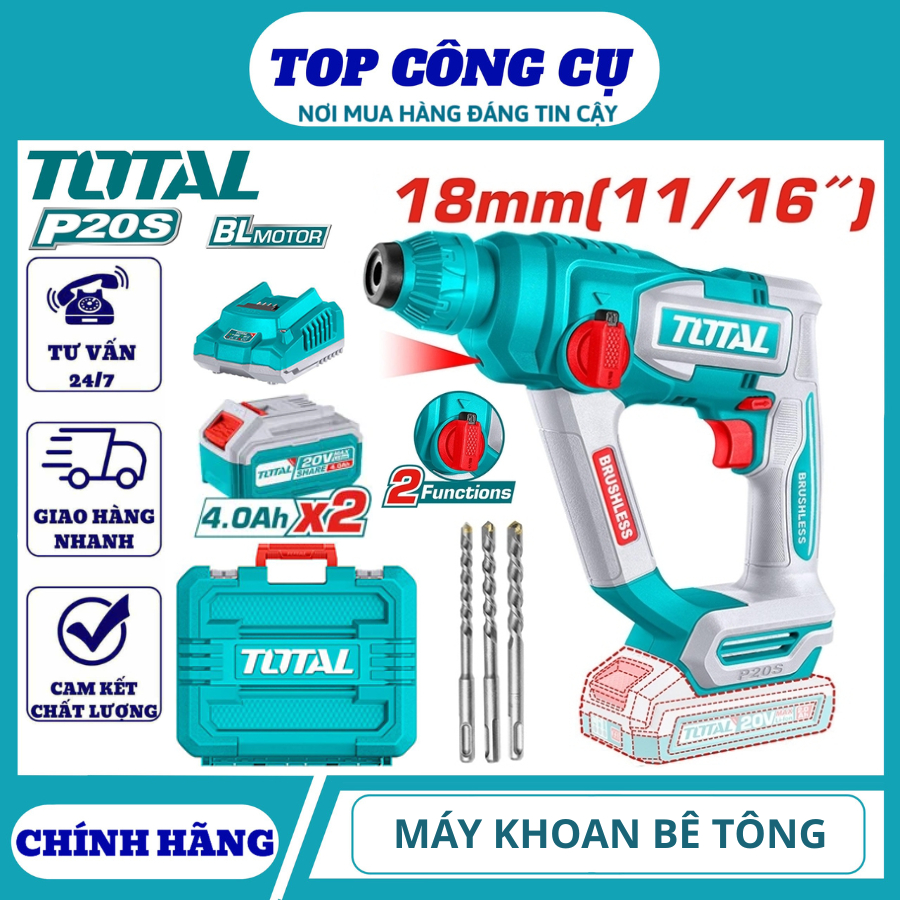 TOTAL Máy khoan bê tông dùng pin 20V KÈM PIN SẠC TRHLI20168 / TRHLI201681