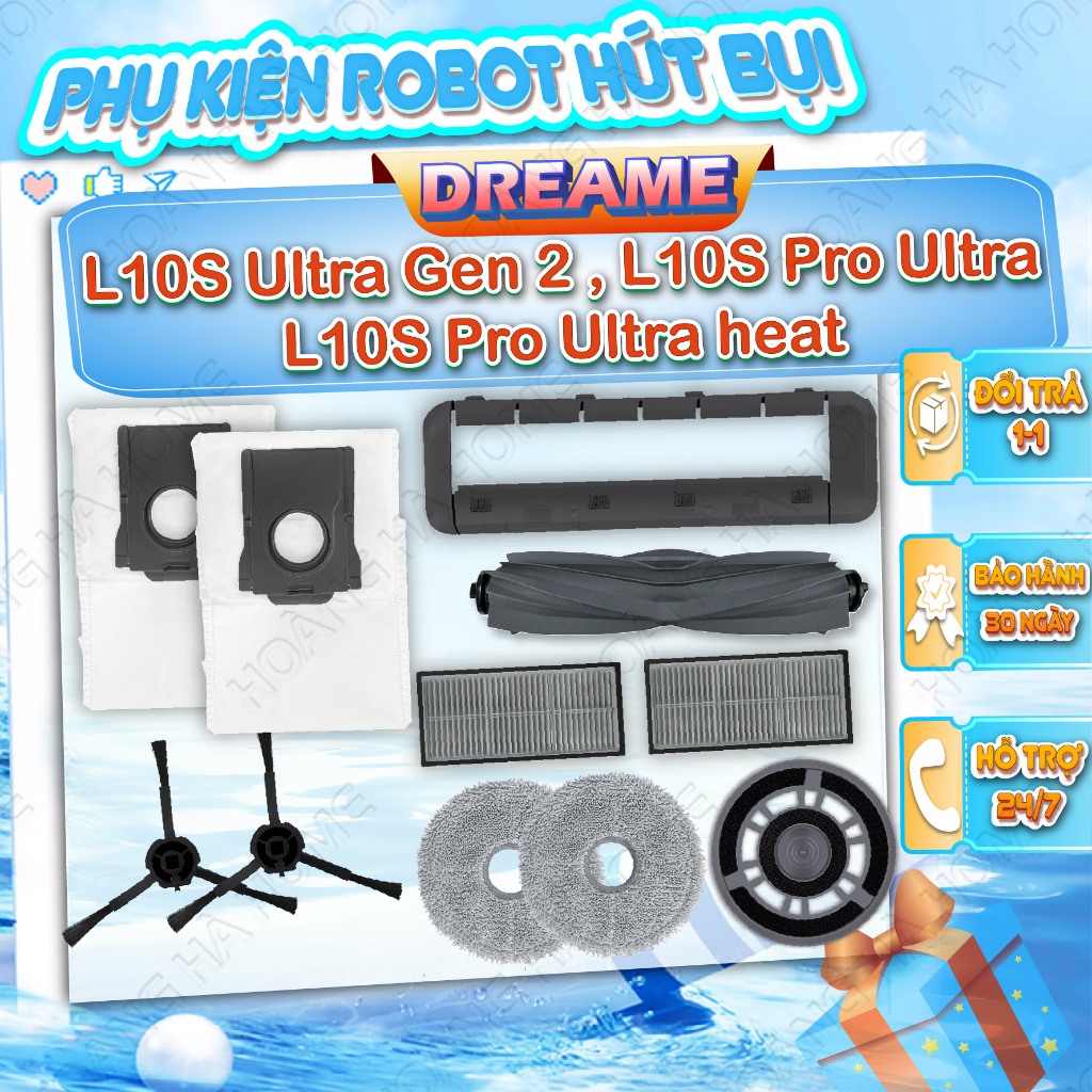 Phụ kiện Robot Dreame L10S Ultra Gen 2, L10S Pro Ultra heat  Màng Hepa Chổi chính Chổi cạnh Khăn Lau Túi rác đế khăn