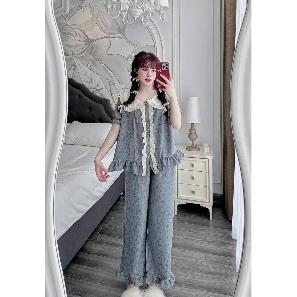 Bộ đồ Mặc nhà Cổ sen ren dải hoạ tiết Hoa dây chất Vân mây mềm đẹp cho Nữ DD80 Sammy - Quần Ngủ Nữ - Women | BigBuy360 - bigbuy360.vn
