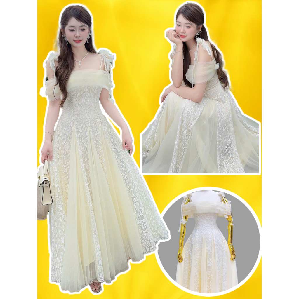 Đầm váy trắng tiểu thư công chúa 2s đính hoa leo  ren hoa phối lưới  bigsize xoè dài dự tiệc cưới cô dâu đi bàn LINKA