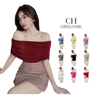 A40 - Áo thun nhũ Trễ vai Nữ ngắn tay nhún eo 2 bên