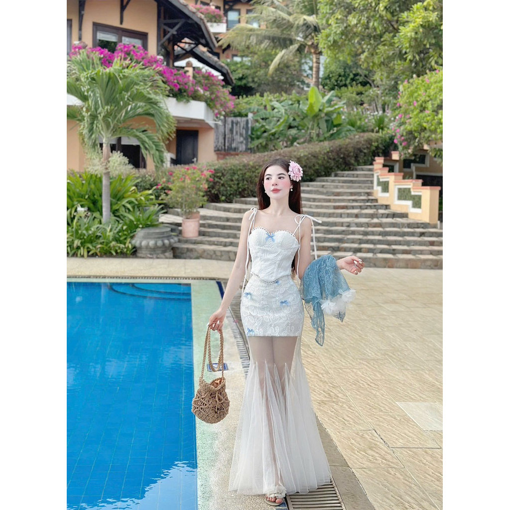 Set 3 món ren nơ áo cúp eo V + cv body phối lưới đuôi cá + khoác ren