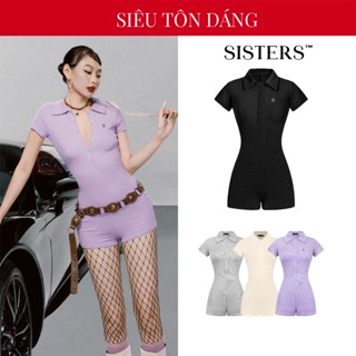 Jumpsuit nữ cổ bẻ tay ngắn SISTERS ôm dáng màu đen, tím, kem, xám thun gân co giãn Mallorie SIS-CLUB | SS2-J1