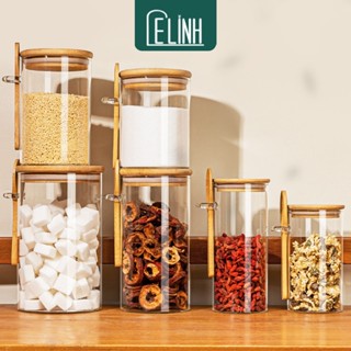  Hũ Lọ Đựng Gia Vị Thủy Tinh Tròn Nắp Gỗ Tre Kèm Muỗng Decor Bếp Xinh Đa Năng Cho Mọi Nhà 