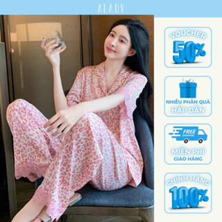 Đồ nữ Pijama ALADY cộc tay lụa Latin cao cấp, họa tiết da beo màu hồng đáng yêu  phối ren sang trọng - TN071