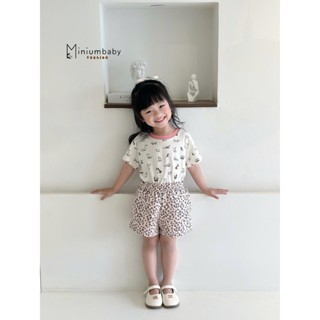 Set bộ cộc tay bé gái cổ tròn Miniumbaby hoạ tiết thú cưng chất cotton mềm, bé đi học đi chơi SB2300