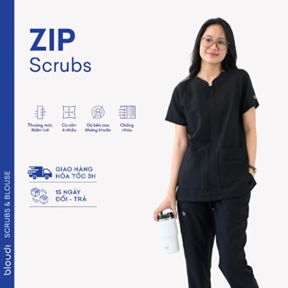 Bộ Scrubs Bác Sĩ Nữ Bloudi Zip Up Cotton Cao Cấp, đồng phục phòng khám thời trang