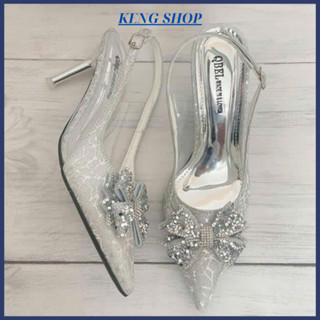 Giày cao gót nữ đính nơ pha lê sang trọng, gót nhọn mũi nhọn phối ren dự tiệc cưới thời trang gót 5p 7p 9p