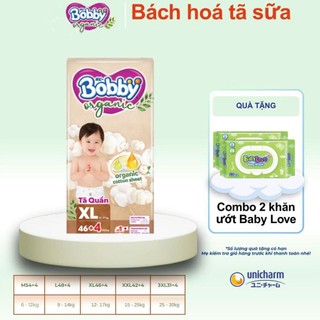 (Tặng 4 miếng)Tã /Bỉm quần cao cấp Bobby Organic M54 / L48/ XL46/ XXL42/ XXXL31 +4 miếng