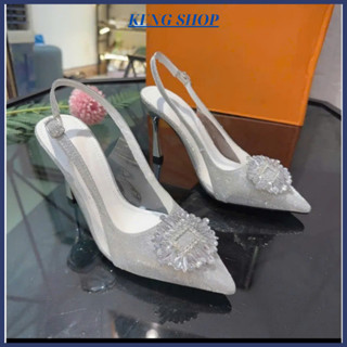 Giày cao gót nữ đính đá pha lê sang chảnh, giày cưới kim tuyến mũi nhọn kiểu công chúa gót 5p 7p 9p