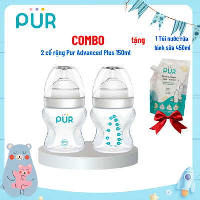 Combo 2 bình sữa cổ rộng Pur Advanced Plus 150ml, có sẵn 2 núm size S (0-3th) + 1 túi nước rửa bình sữa và núm ti Pur