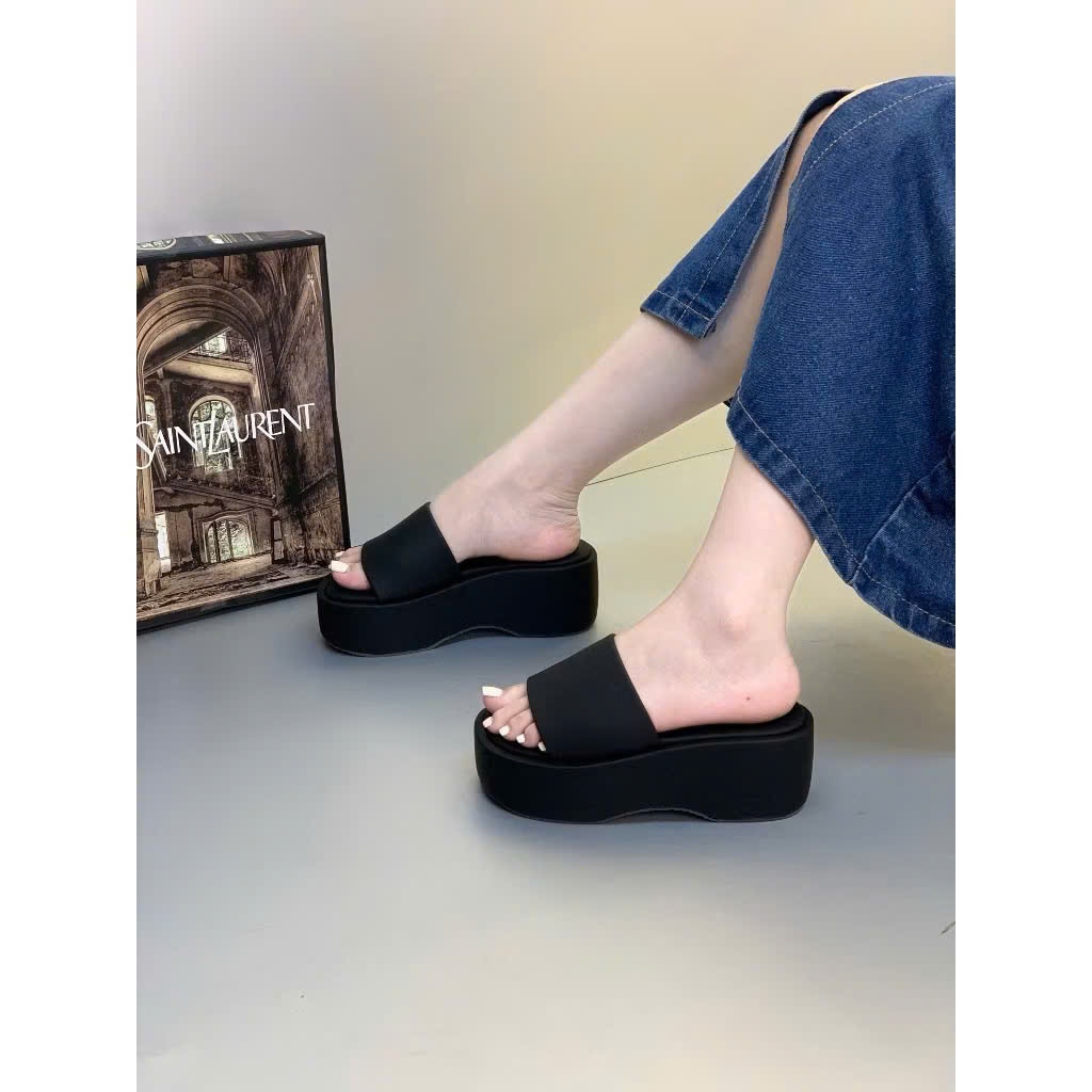 (SALE 59K) Dép Uoo Dép Nữ Đế Cao Quai Da Phối Chữ Thêu Chữ UOO Dép Đi Biển và Dép quai ngang vải thu