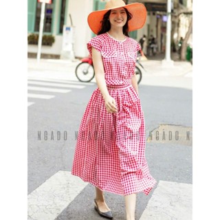 Set caro đỏ tay con NGADO , set áo váy kẻ , set áo kèm váy dài