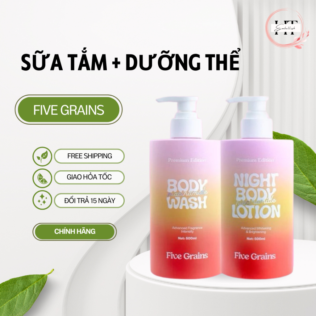 Combo Sữa Tắm Dưỡng Trắng Body Five Grains 500ml Sáng Da Giảm Thâm Dưỡng Ẩm Niacinamide + Alpha Arbu