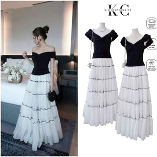 Kim Clothing - Set áo hai dây ôm xoắn v1 trễ vai + chân váy voan tơ form xoè viền bèo đen nhiều tầng