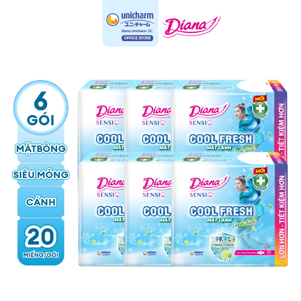 Bộ 6 băng vệ sinh Diana Sensi Cool Fresh siêu mỏng cánh gói 20 miếng