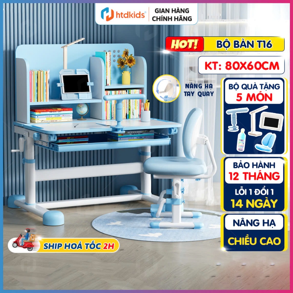 Bộ bàn ghế học sinh thông minh HTDkids T16+ chống gù chống cận cho học sinh tiểu học, nhiều quà tặng