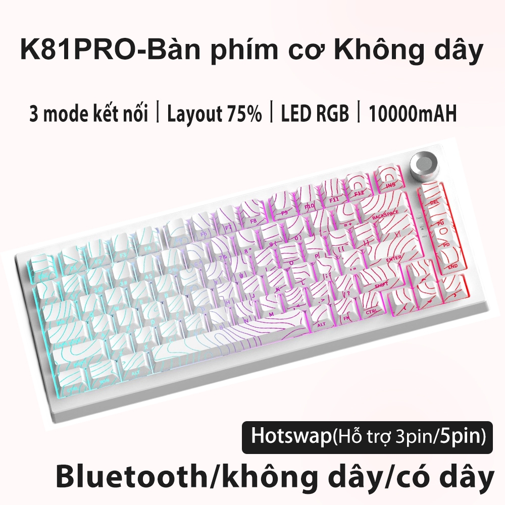 Bàn phím cơ gaming AK82 Không dây 2.4G/Bluetooth/có dây 87 phím 3 mode Hot-swap pin 5000mAh LED RGB cho máy tính/laptop | BigBuy360 - bigbuy360.vn