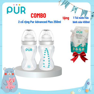 Combo 2 bình cổ rộng Pur Advanced Plus 250ml  + 1 TÚI Nước rửa bình sữa và núm ti Pur 450ml