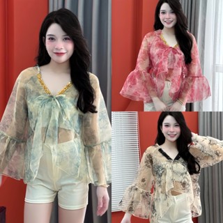 A126 - Áo Kiểu nữ (xuyên thấu) cổ V đính kết kim sa  chất Voan tơ loang  form Babydoll