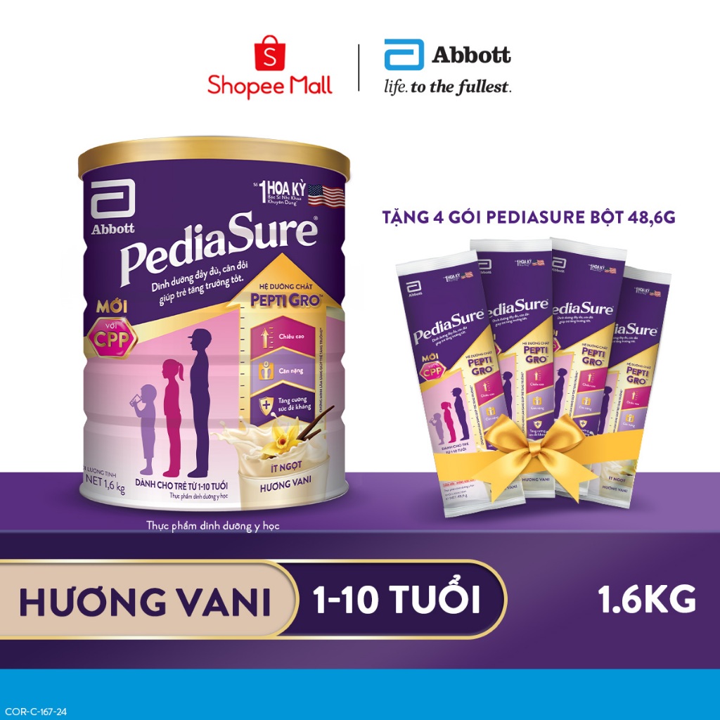 [Tặng 4 gói dùng thử] Sữa Bột Pediasure 1.6kg Hương Vani