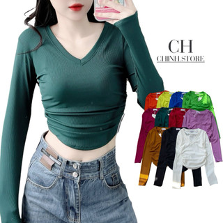 G38 - Áo thun tăm gân Nữ Tay Dài nhún eo 2 bên, phom áo ngắn ngang eo Women