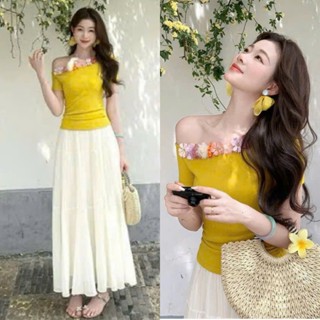 Set Áo Thun Tăm Lệch Vai Đính Viền Hoa Nổi Đẹp Mắt Mix Chân Váy Tơ 2 Lớp Điệu Đà (Ảnh Thật Trải Sàn) Lollaye