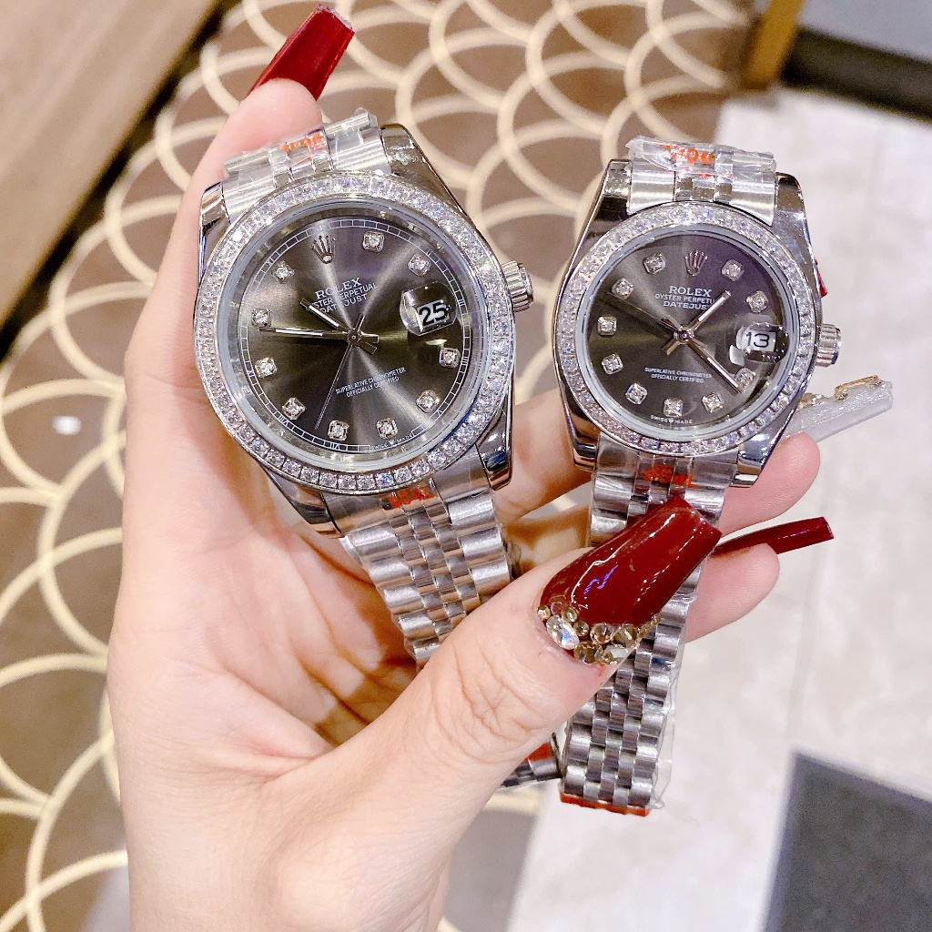 Combo đồng hồ đôi đeo tay nam nữ dây kim loại cao cấp chống nước R0lex nam size 41mm nữ size 31mm máy pin japan