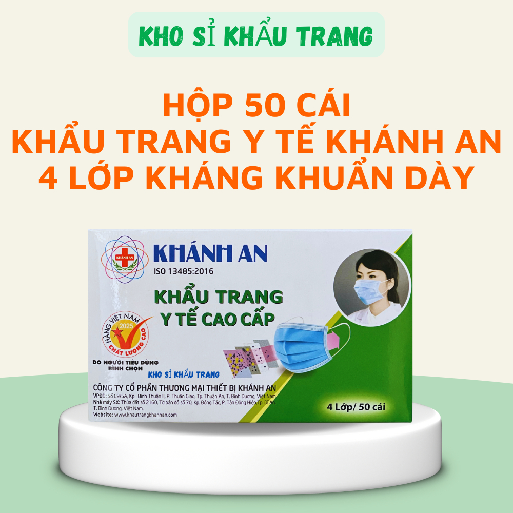 Hộp 50 cái khẩu trang y tế Khánh An 4 lớp kháng khuẩn dày,hàng chính hãng công ty