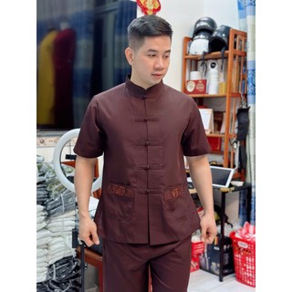 ĐỒ LAM ĐI CHÙA  Lãnh Tựu Cổ Tàu thêu túi tay ngắn dành cho nam