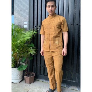 ĐỒ LAM ĐI CHÙA  Lãnh Tựu Cổ Tàu thêu túi tay ngắn dành cho nam