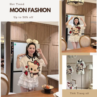 Set đồ nữ áo phông cộc tay cổ bẻ in hình mèo kitty mix chân váy ngắn xếp ly tầng, đồ bộ nữ phong cách tiểu thư hàn quốc