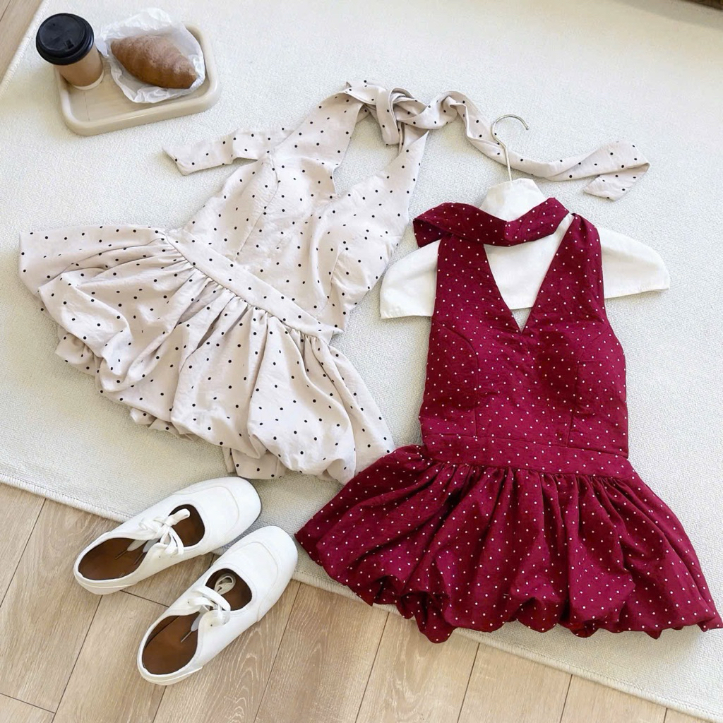 (Sẵn đệm mút) Áo cổ yếm buộc nơ hoạ tiết chấm bi dáng bí phồng hở lưng chun sau DOTTIE TOP | BigBuy360 - bigbuy360.vn