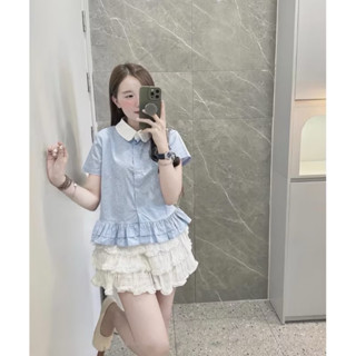 Áo sơ mi chấm bi cổ sen trắng viền bèo tầng tiểu thư sang chảnh