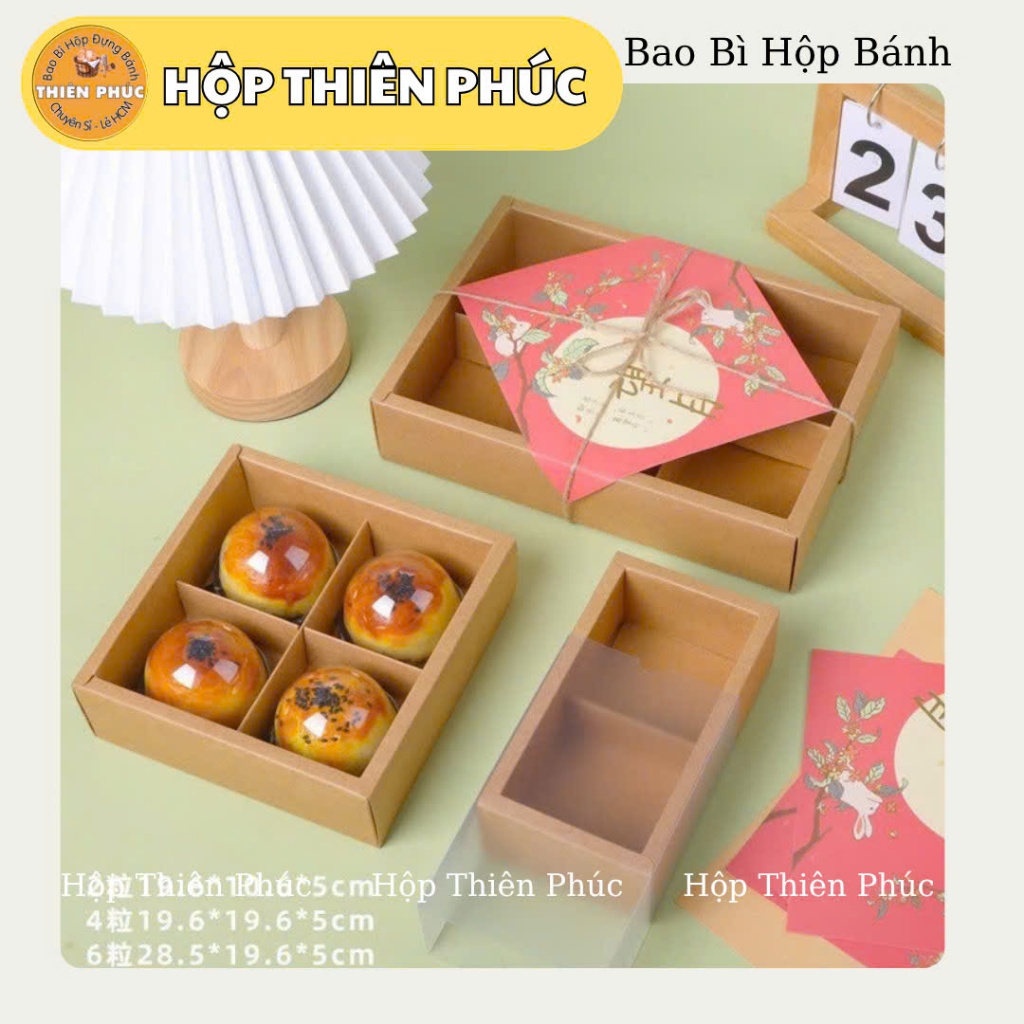 10 Hộp đựng 4 bánh trung thu mini 75g-100g - Hộp 4 ngăn nâu đựng bánh trung thu lava trứng chảy - Hộ