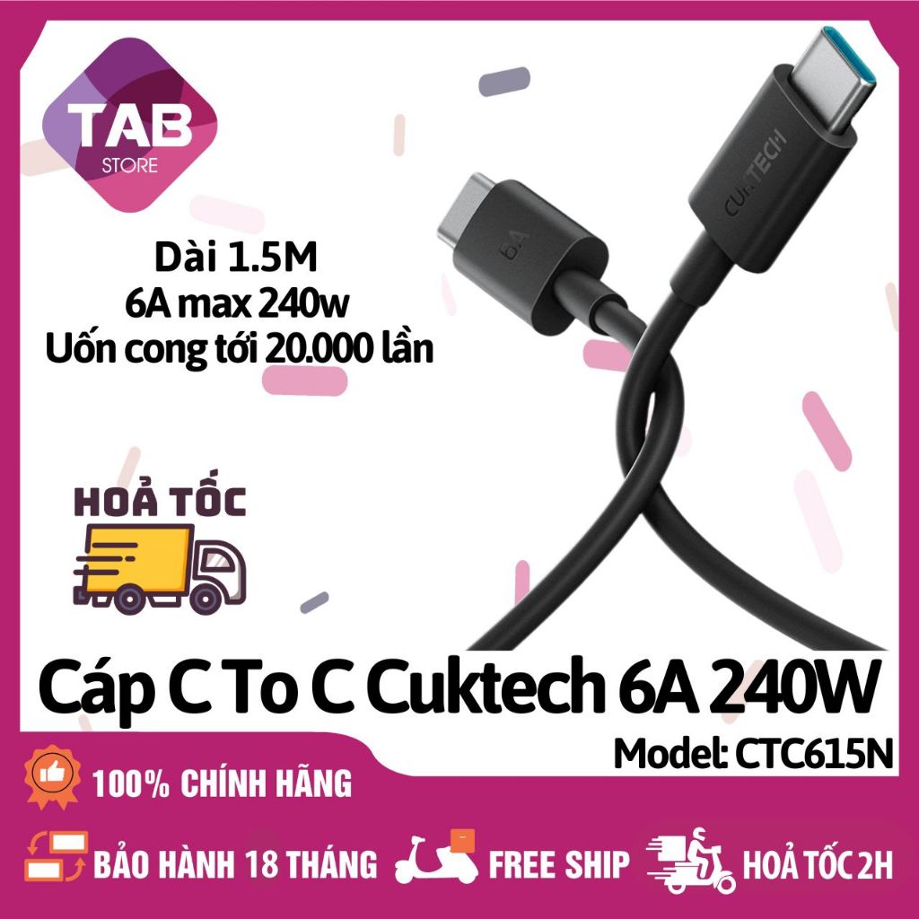 Cáp C To C Cuktech 1.5M 6A 240w Hỗ Trợ Mi Turbro - Bảo Hành 18 Tháng ( CTC615N CTC305N ) - Đen 0.5M 6A nobox