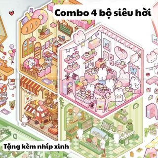  Combo 4 bộ sticker 3D cảnh quan mini trang trí mô hình cửa hàng cute PET trong suốt 