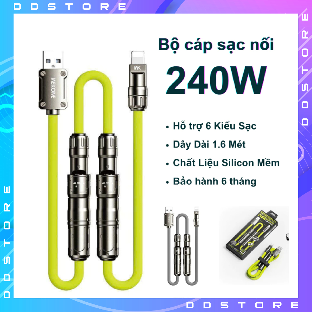 Cáp Sạc Nhanh 3 Đầu 240W WEKOME WDC-77 – Hỗ Trợ PD, QC, Sạc Laptop – Dây Silicon Siêu Bền | DD.Store