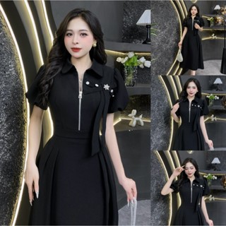 CE44 - Váy Thiết Kế Evii dành cho nữ, Đầm thiết kế cổ đức khóa kéo, nơ và cúc may liền trước ngực (tặng kèm tag cài)