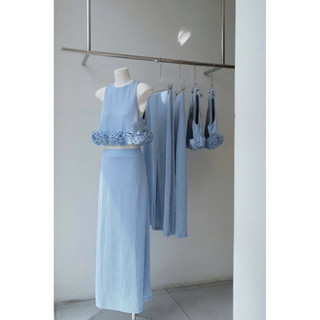 Set Bộ Áo Crotop Quấn Viền Hoa Xanh Mix Chân váy dài, Set Áo Xách Nách Phối Chân Váy Dáng Dài