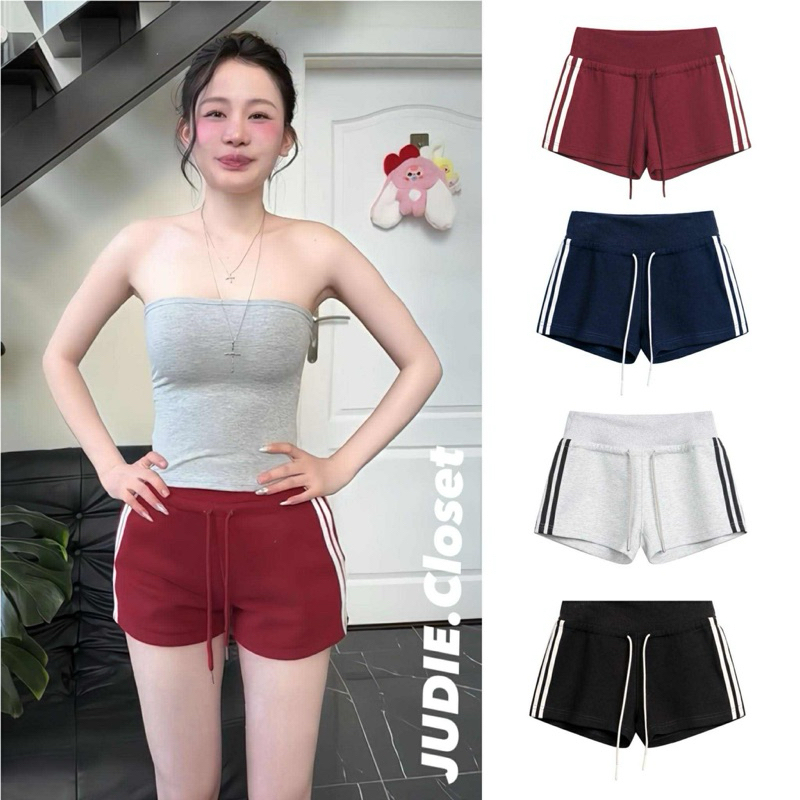 Quần Shorts nỉ Phối Sọc Trắng,Quần Đùi Nữ Cạp Chun Viền Sọc có Dây rút Thể Thao Xuân hè JUDIE.Closet | BigBuy360 - bigbuy360.vn