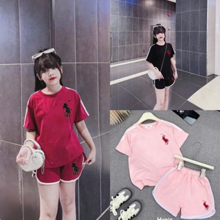 Bộ Quần Áo Cộc Tay Mùa Hè Thêu Hình Ngựa Dành Cho Bé Gái 9-42kg Chất Liệu Cotton Su Mềm Mịn Thoáng Mát