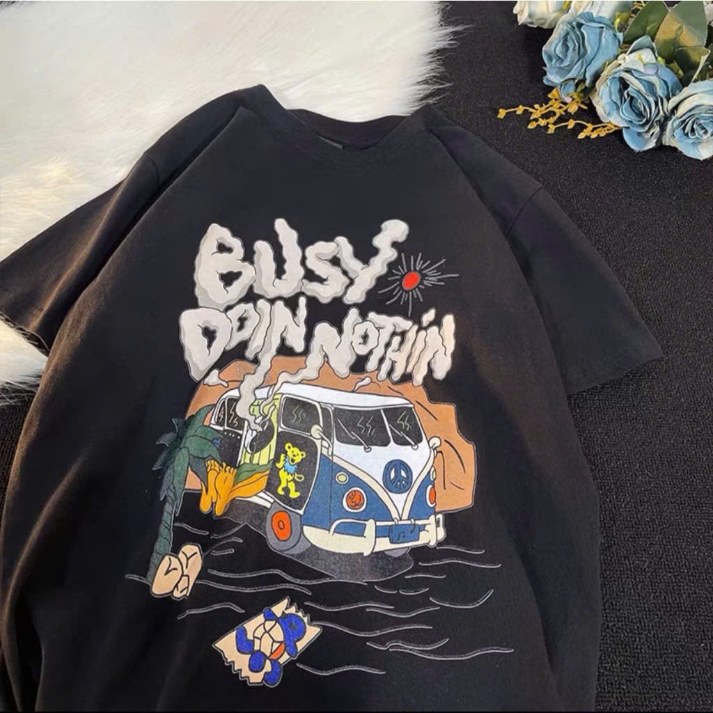 Áo thun phông nữ nam form rộng chất liệu cotton khô in hình busy dorinothing Konova store