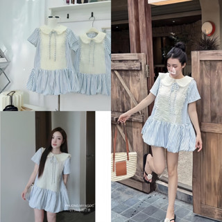 [S01] Váy Kẻ Sọc Phối Màu Chân Bí Cổ Sen Kèm Quần Bảo Hộ