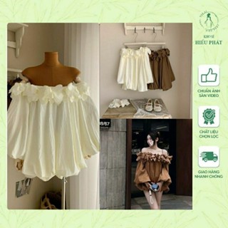 Váy trễ vai bèo tay bồng dáng bí 2 màu của nữ mặc dễ thương tôn dáng