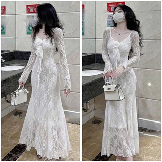 Đầm dự tiệc lưới thun dệt hoa 2 lớp đuôi cá dáng dài siêu sang
