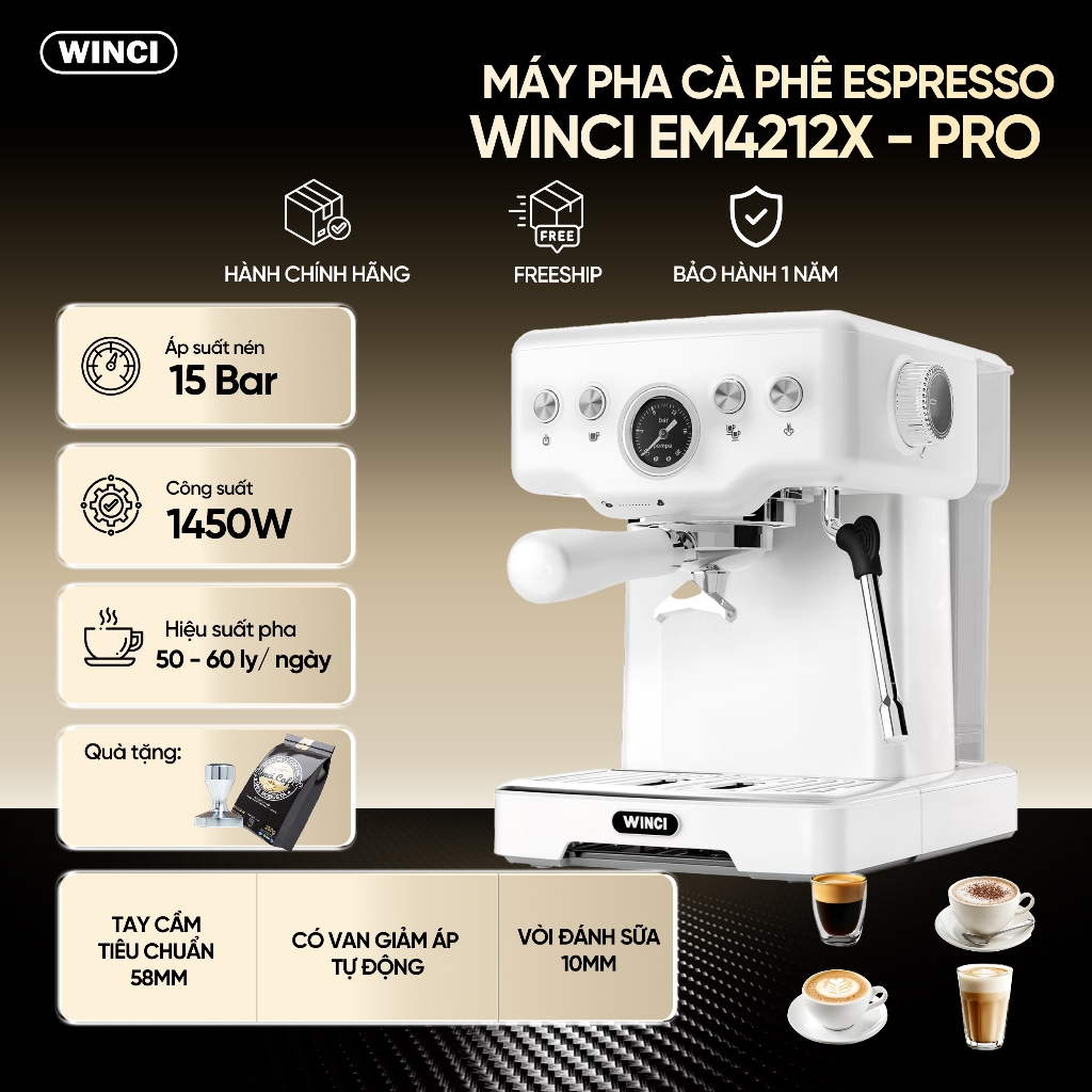 Máy pha cà phê Espresso Winci 4212X Pro, áp lực 20 bar, bảo hành 1 năm